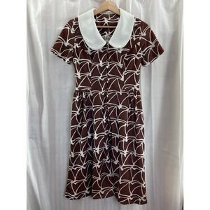 Vintage Bullock's Brown White Geometric Peter Pan Collar Midi Dress Women's M